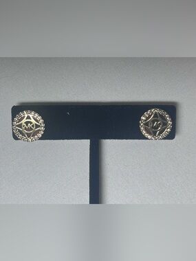 Michael Kors Gold and Clear Crystal Round Logo Stud Earrings